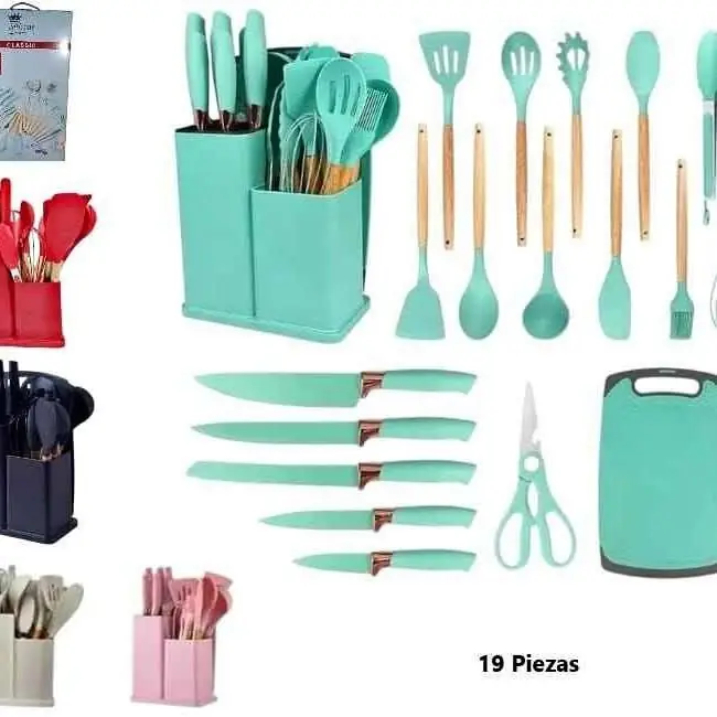 Kit de utensilios silicona X18 pcs rosa-negro-nud