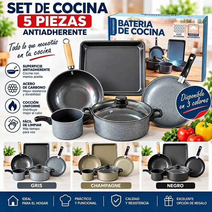 Set de bateria 5 piezas antiadherente acero carbon