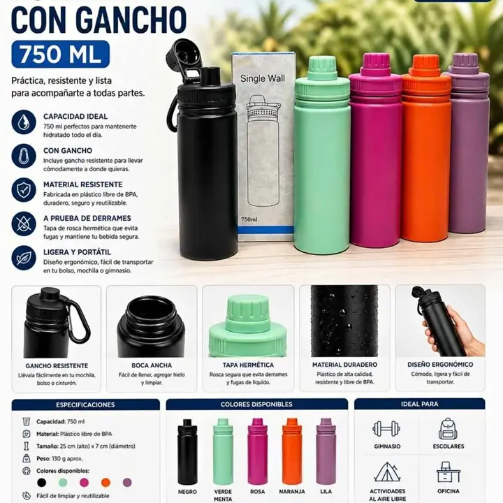 Botella sport 750ML con gancho