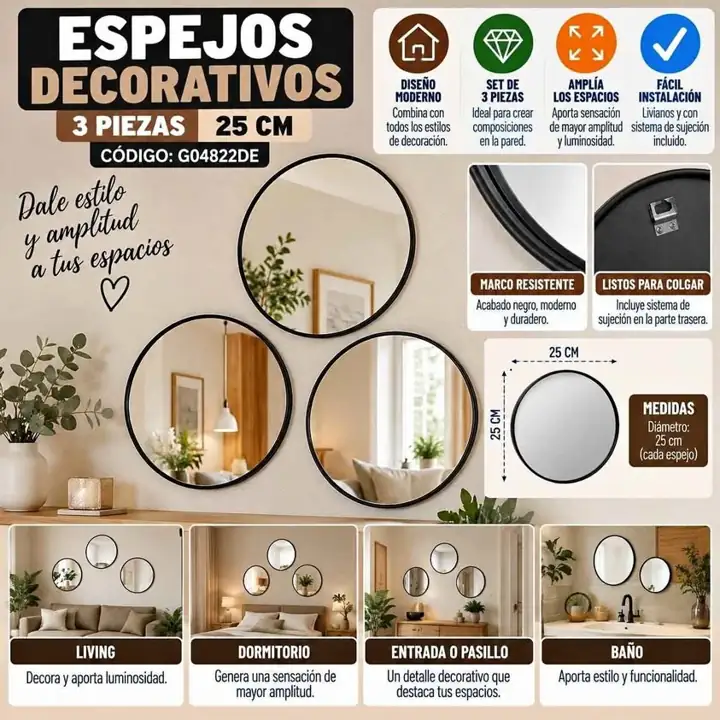 Espejos decorativo 3 piezas 25CM