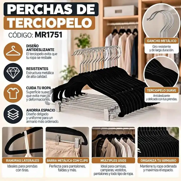 Perchas de terciopelo metal X6 unidades