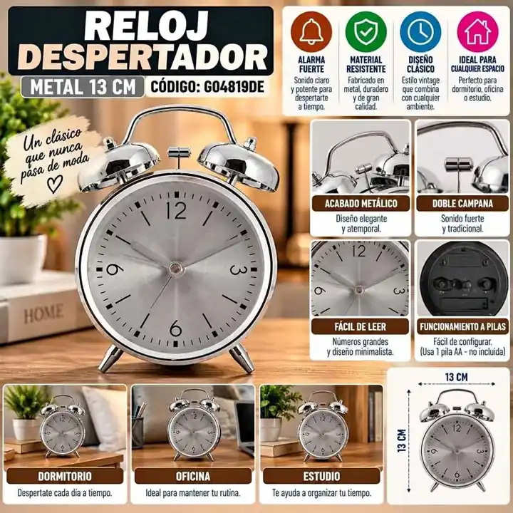 Reloj despertador metal 13 cm
