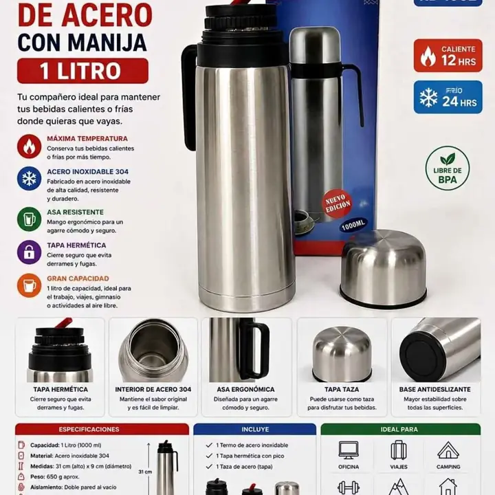 Termo metalico acero 1L con manija