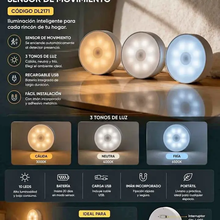 Luz lampara LED sensor de movimiento regargable