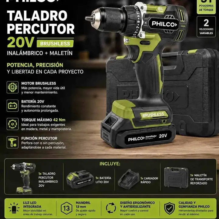 Kit taladro percutor 20V brushless bmc Philco