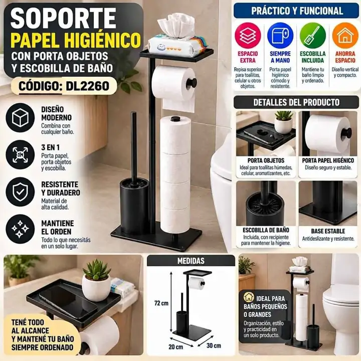 Soporte Papel Higienico con porta objetos y escobi