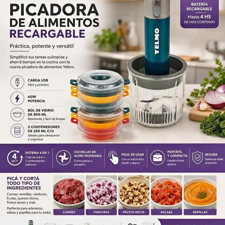 Picadora recargable 4 en 1 - 60W 800 ML