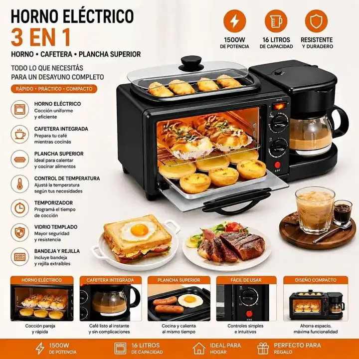 Horno electrico 3 en 1 cafetera parrilla