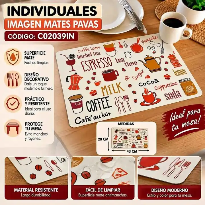 Individuales imagen mates pavas 43x28 (X6)