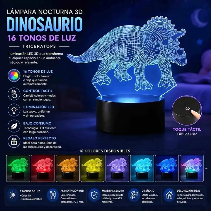 Lampara 3D dinosaurio triceratops
