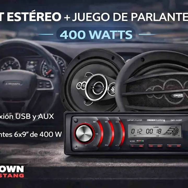 Kit estereo + kit de parlantes 6x9 400w crown must