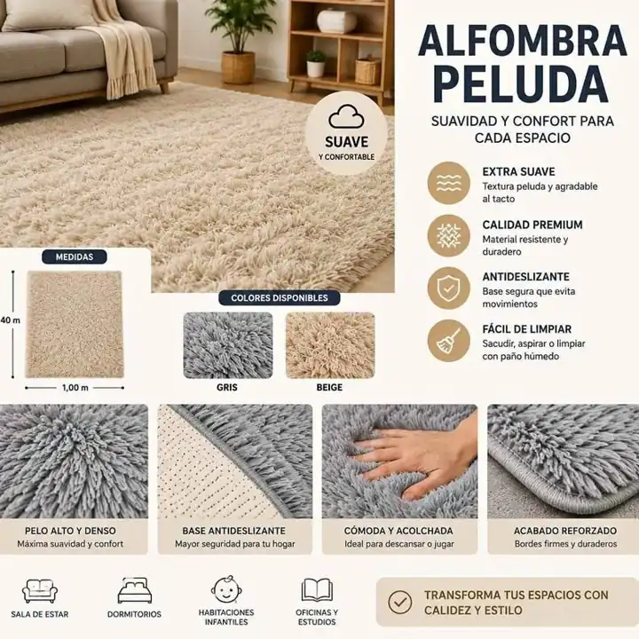 Alfombra 1M x 1,40 M peluda en gris y beige