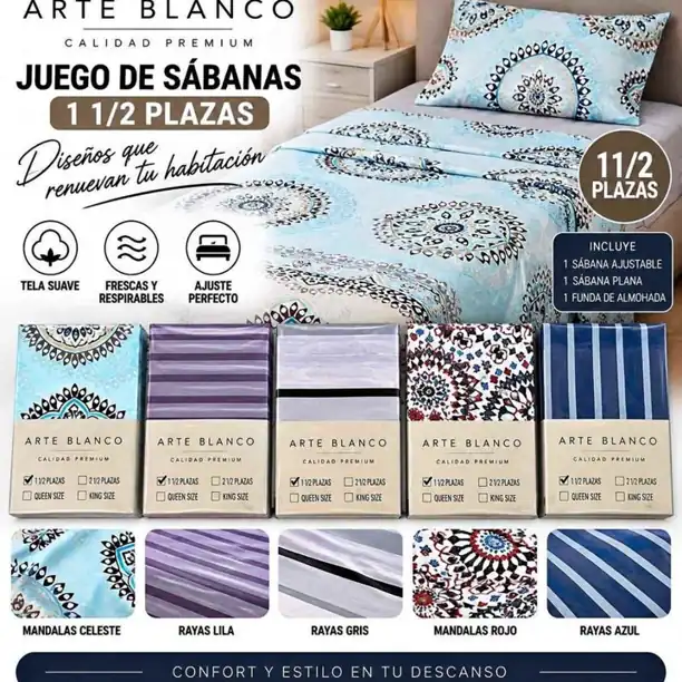 Juego de sabanas 1 1/2 plazas estampadas arte blan