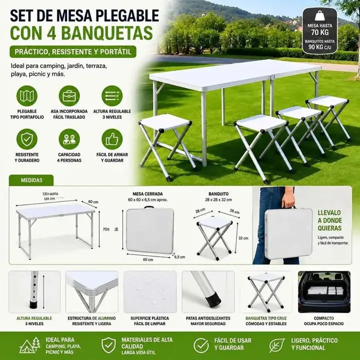 Mesa plegable con 4 banquitos