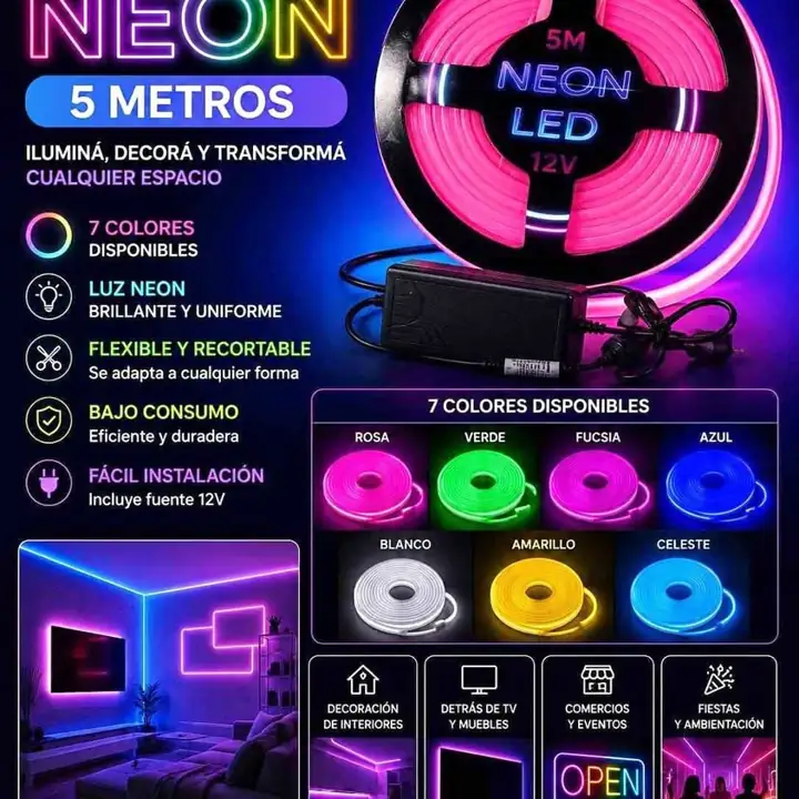 Tira LED neon 5 mts - varios colores