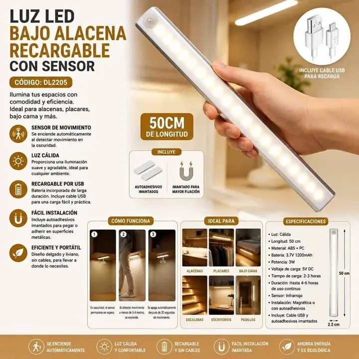 Luz bajo alacena placar bajo cama con sensor 50CM
