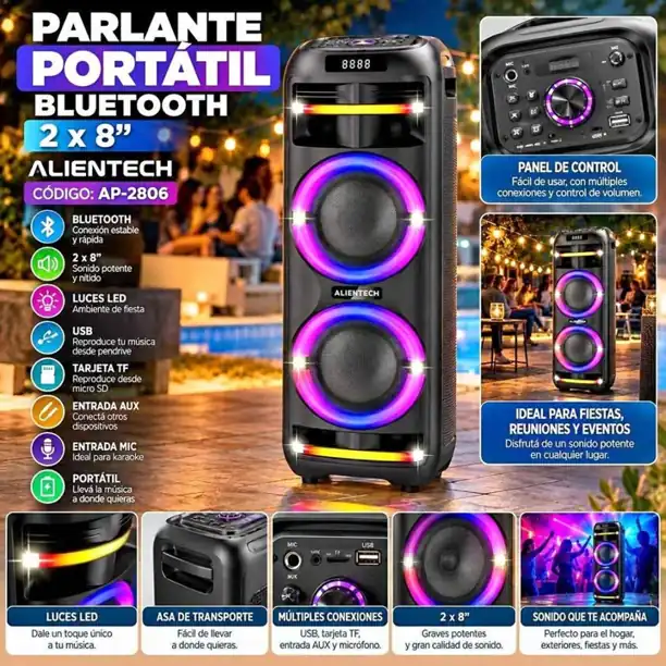 Parlante portatil bluetooth 2 x 8" alientech
