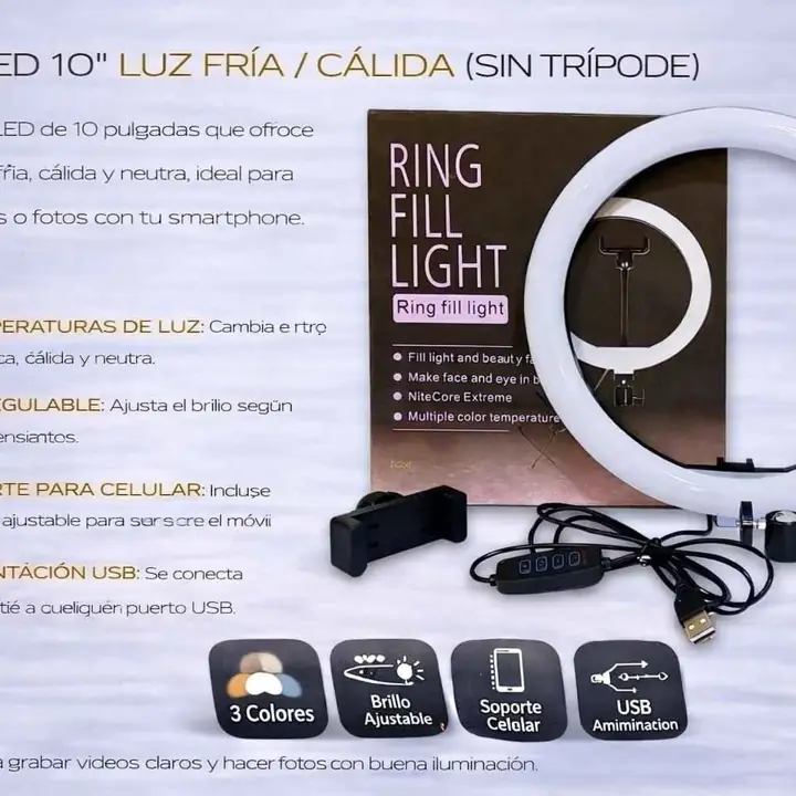 Aro LED 10" luz fria - calida (sin tripode)