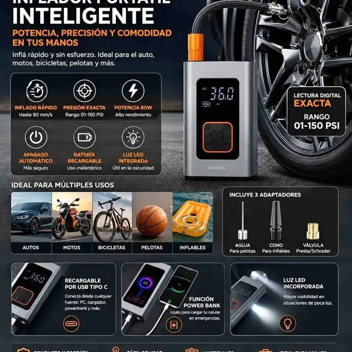 Compresor de aire portatil 80W 4000MAH inflador