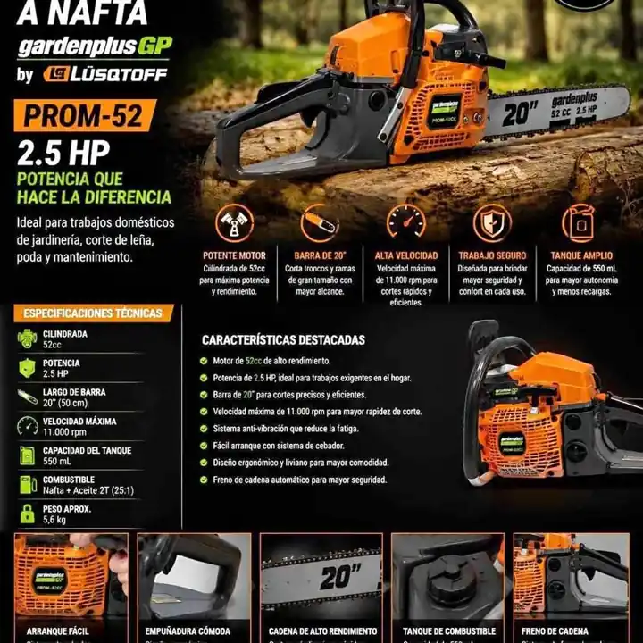 Motosierra naftera 52CC 2.5 HP gardenplus lusqtoff