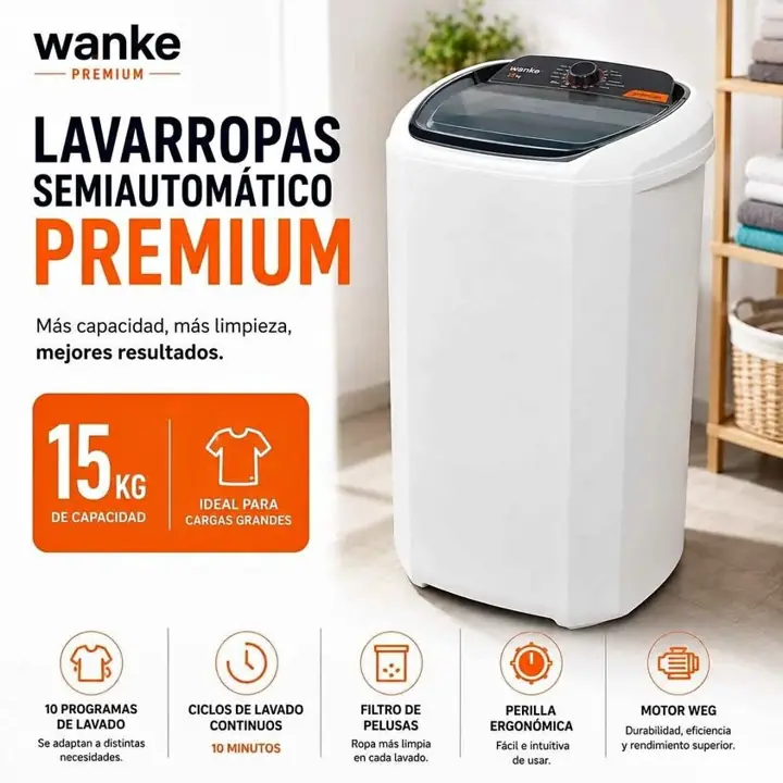 Lavarropas semi automatico 15KG blanco wankee