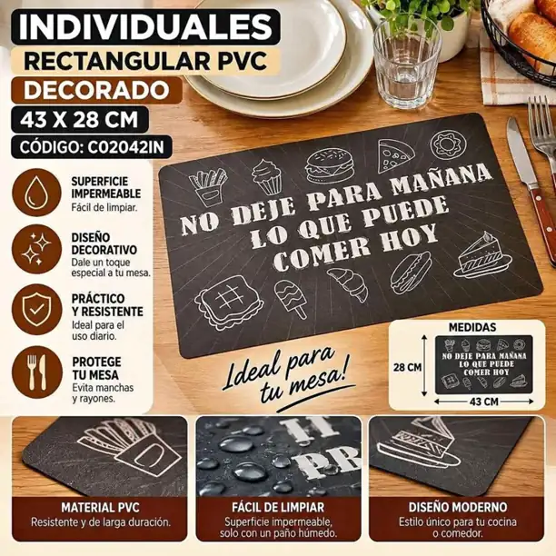 Individuales rectangular PVC decorado 43x28 cm X6