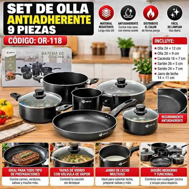 Set de olla antiadherente 9 piezas