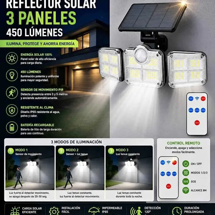 Reflector solar exterior 3 paneles con cable 5 mts