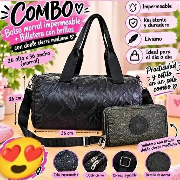 Bolso morral impermeable + billetera con brillos con doble cierre mediana dia de la madre