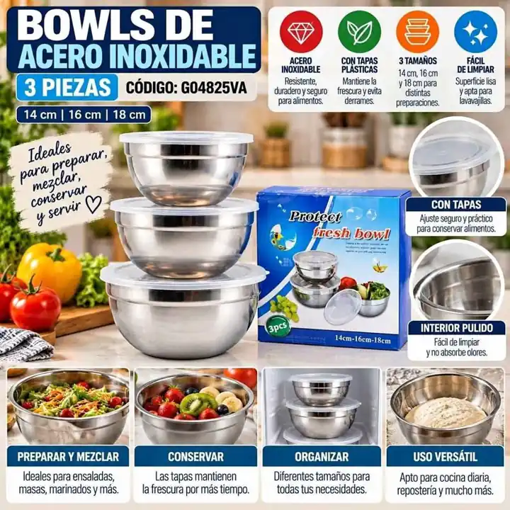 Bowls de acero inoxidable 3 piezas 14X16X18CM