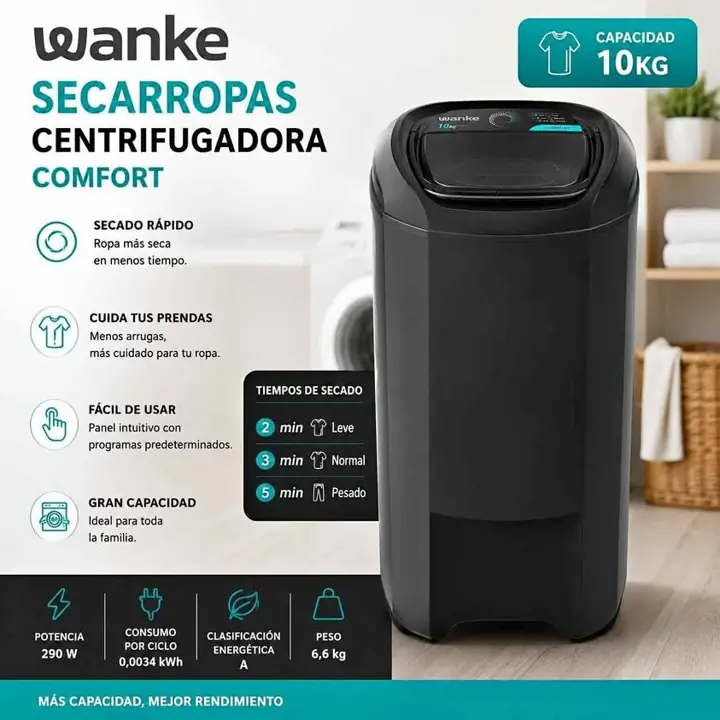 Secarropas centrifugo 10KG negro wankee