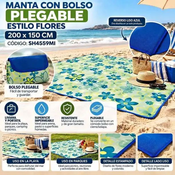 Manta con bolso plegable estilo flores 200 150 cm