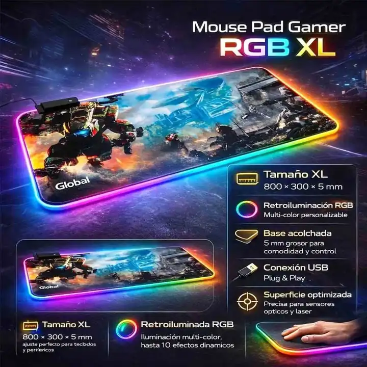 Pad gamer retroiluminado RGB 80x30 cm