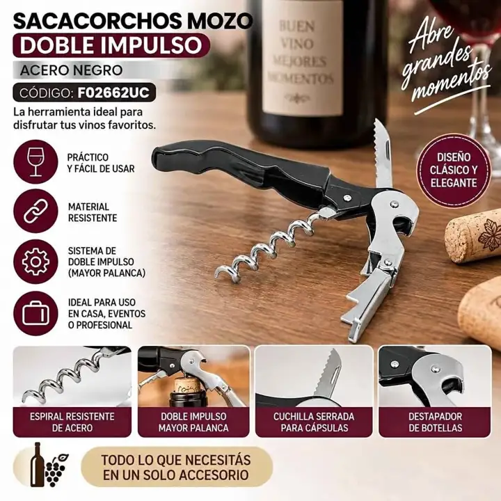 Sacacorchos mozo doble impulso acero negro