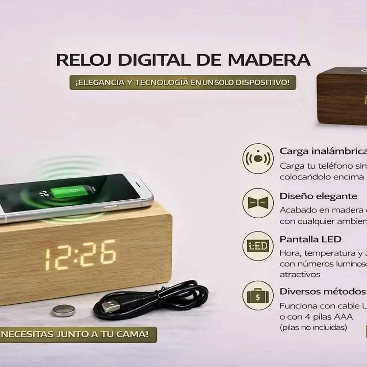 Reloj digital madera con cargador inalambrico
