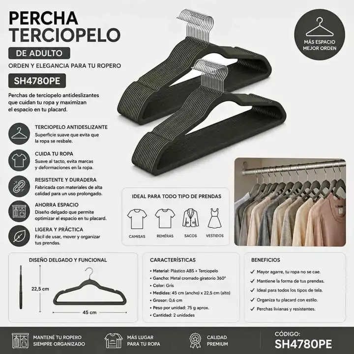 Percha terciopelo gris de adulto X10