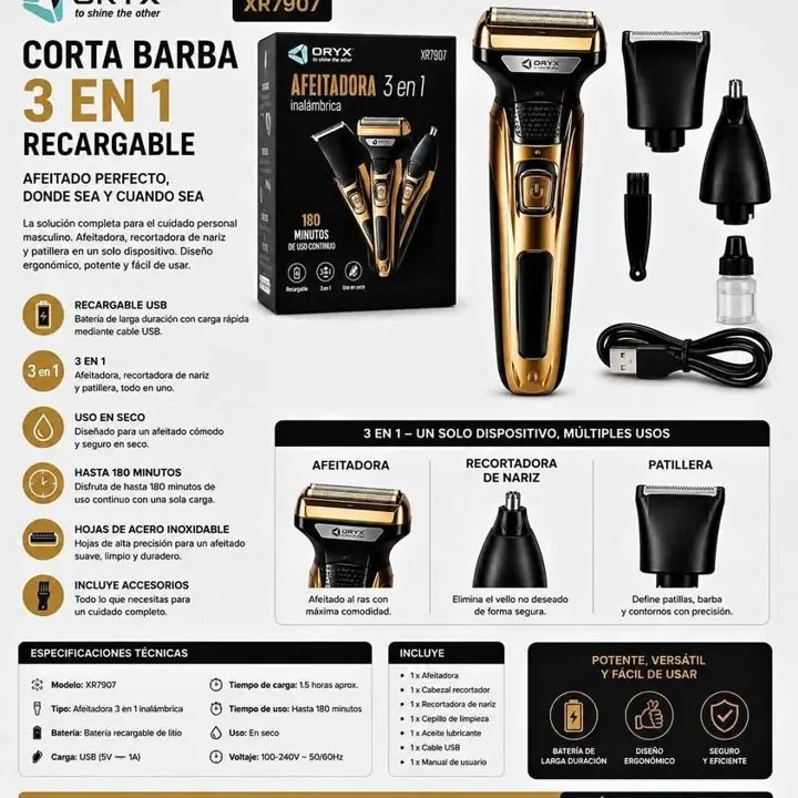 Corta barba 3 en 1 recargable