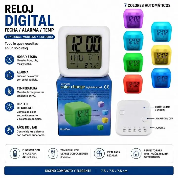 Reloj digital con fecha alarma temperatura