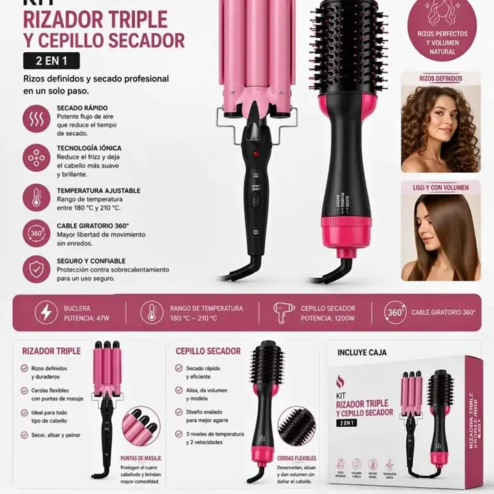 Kit rizador triple + cepillo secador