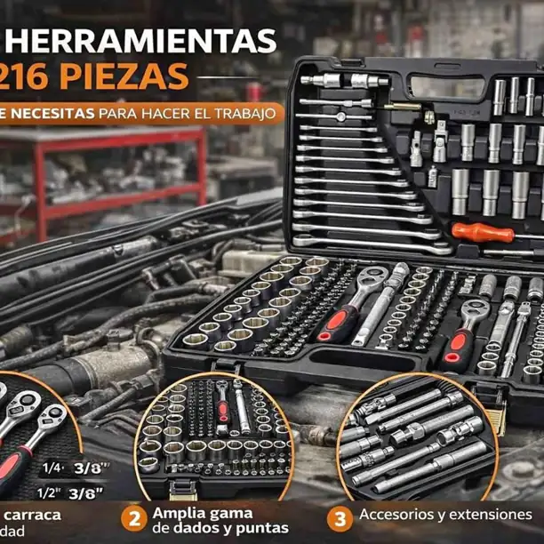 Kit de herramientas llave tubos socket 216PCS