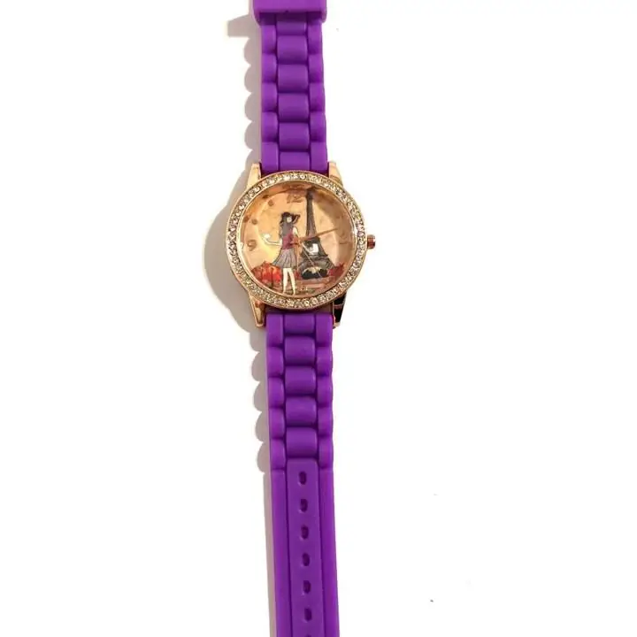 Reloj Dama Brillo Paris Violeta Pulsera Malla de Silicona nuevo