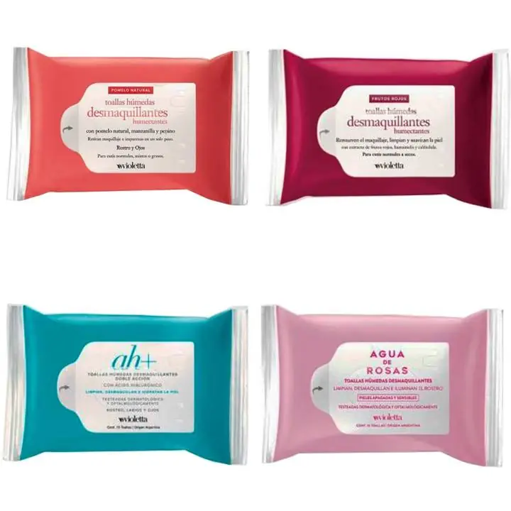 Desmaquillantes Toallas Húmedas Agua de Rosas Pomelo Natural Frutos Rojos Violetta Cosméticos