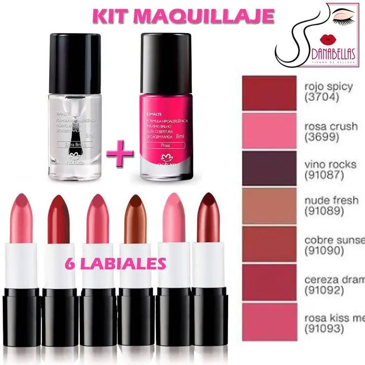 Kit maquillaje: 6 labiales+ esmalte color semipermanente+ top coat 100% vegano