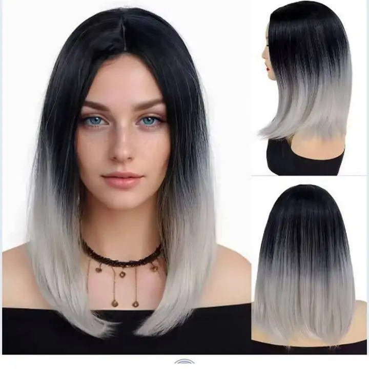 Peluca premium ultra opaca simil cabello natural negro degrade gris carré Bob