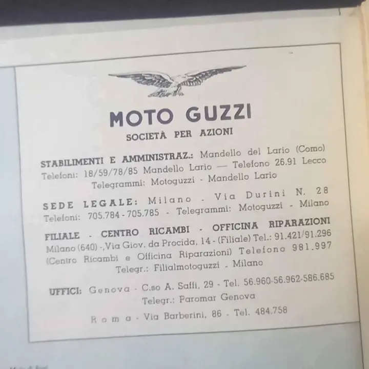 Moto Guzzi plano italia. Motos. Concesionarias años 50