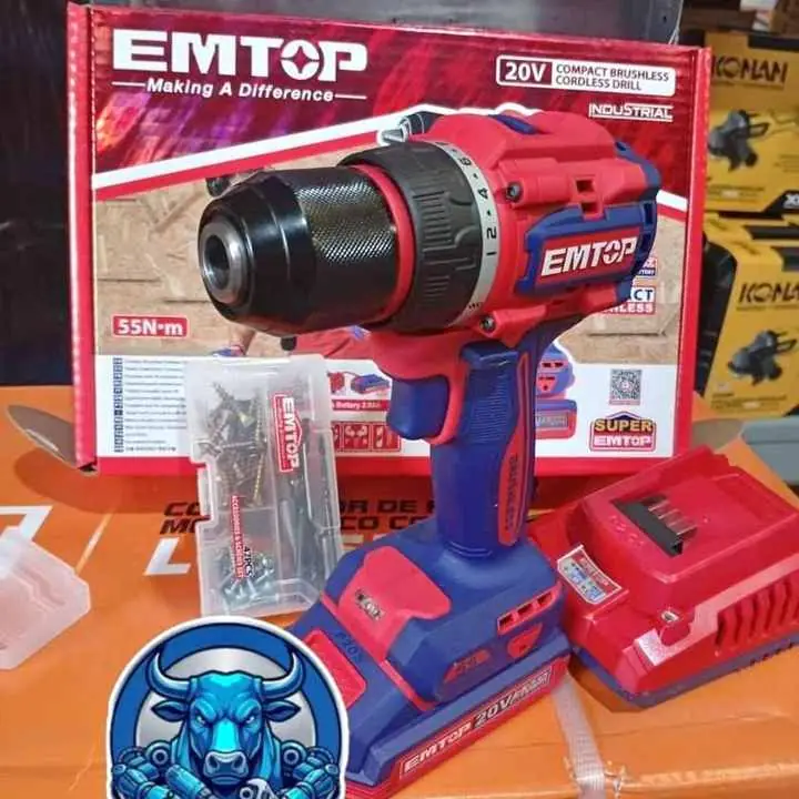 Taladro Inalámbrico 20V 55NM Mandril Metálico 13mm incluye 1 Batería, Cargador y accesorios EMTOP