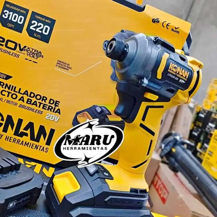 Atornillador de impacto a batería 20V 220NM 1/4" hexagonal brushless 2 baterías y cargador konan