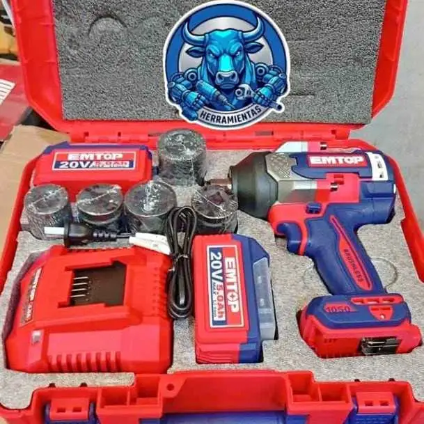 Llave de impacto 20V 1050NM ENC. 3/4" con 2 Baterías(Compatibles con Total e Ingco)y Cargador EMTOP