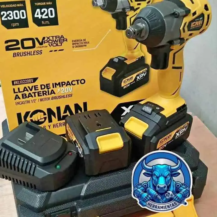 Llave de impacto a Batería 20V 420NM BRUSHLESS Incluye 2 Baterías 4ah, Cargador y Maletín KONAN