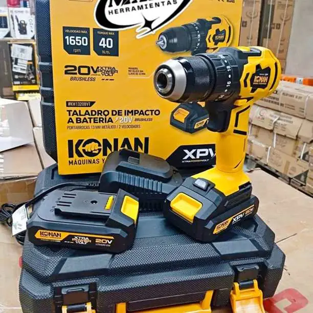 Taladro de impacto 20V 40NM brushless con mandril metalico incluye 2 baterías y cargador KONAN